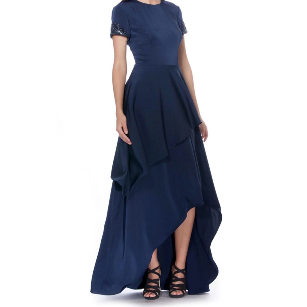 David Meister Navy High-Low Evening Dress with Embellished Sleeves